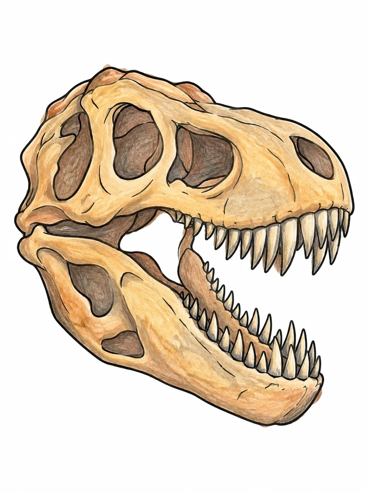 Colored example of the Tyrannosaurus Rex Skull Anatomy coloring page