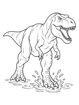 A dynamic t rex coloring page featuring a dinosaur stepping through shallow splashing water.