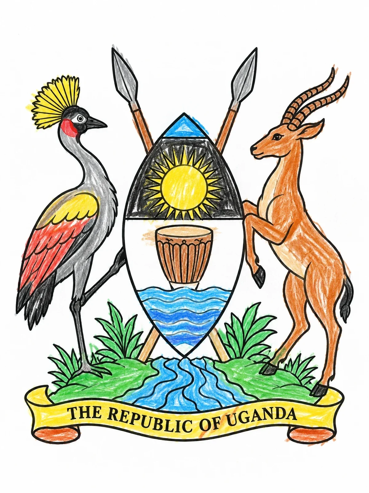 Colored example of the Coat Of Arms Of Uganda coloring page