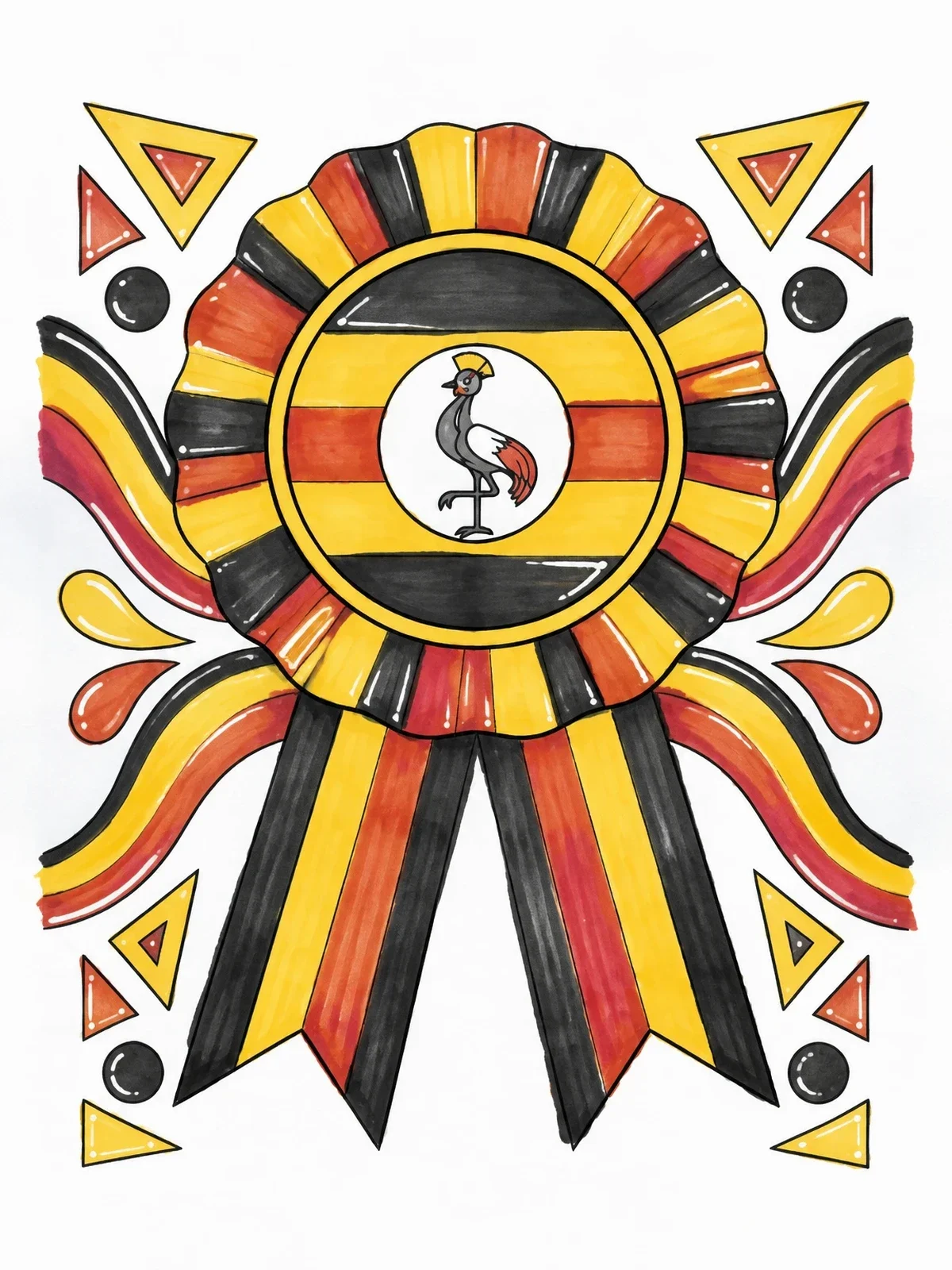 Colored example of the Ugandan Flag Rosette Badge With Crested Crane coloring page