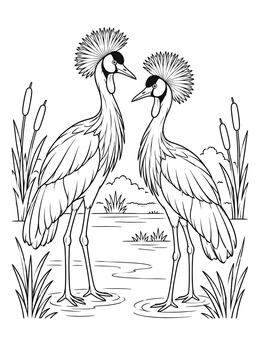A pair of crested cranes standing in water on this uganda coloring page.
