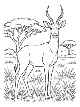A horned Uganda kob stands in the grasslands on this uganda coloring page.