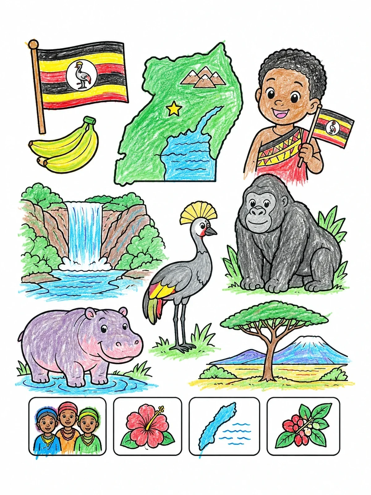 Colored example of the Uganda Map And Wildlife Poster coloring page