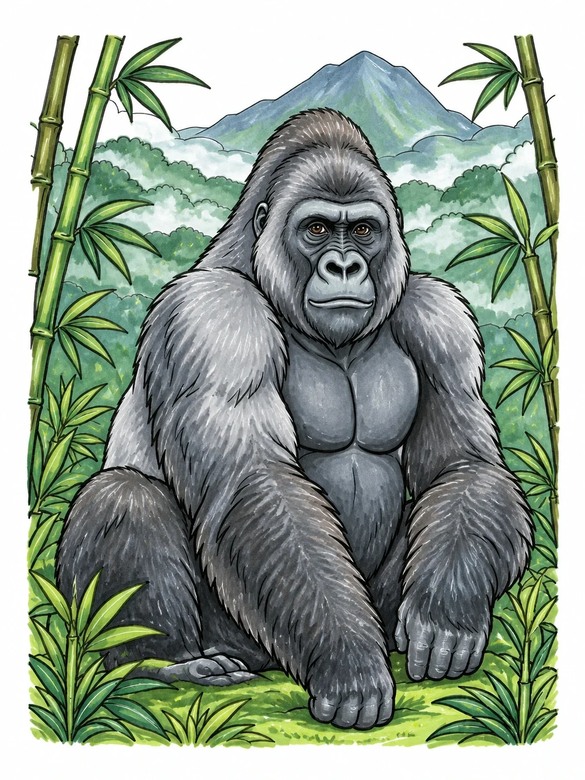 Colored example of the Mountain Gorilla In The Bamboo Forest coloring page