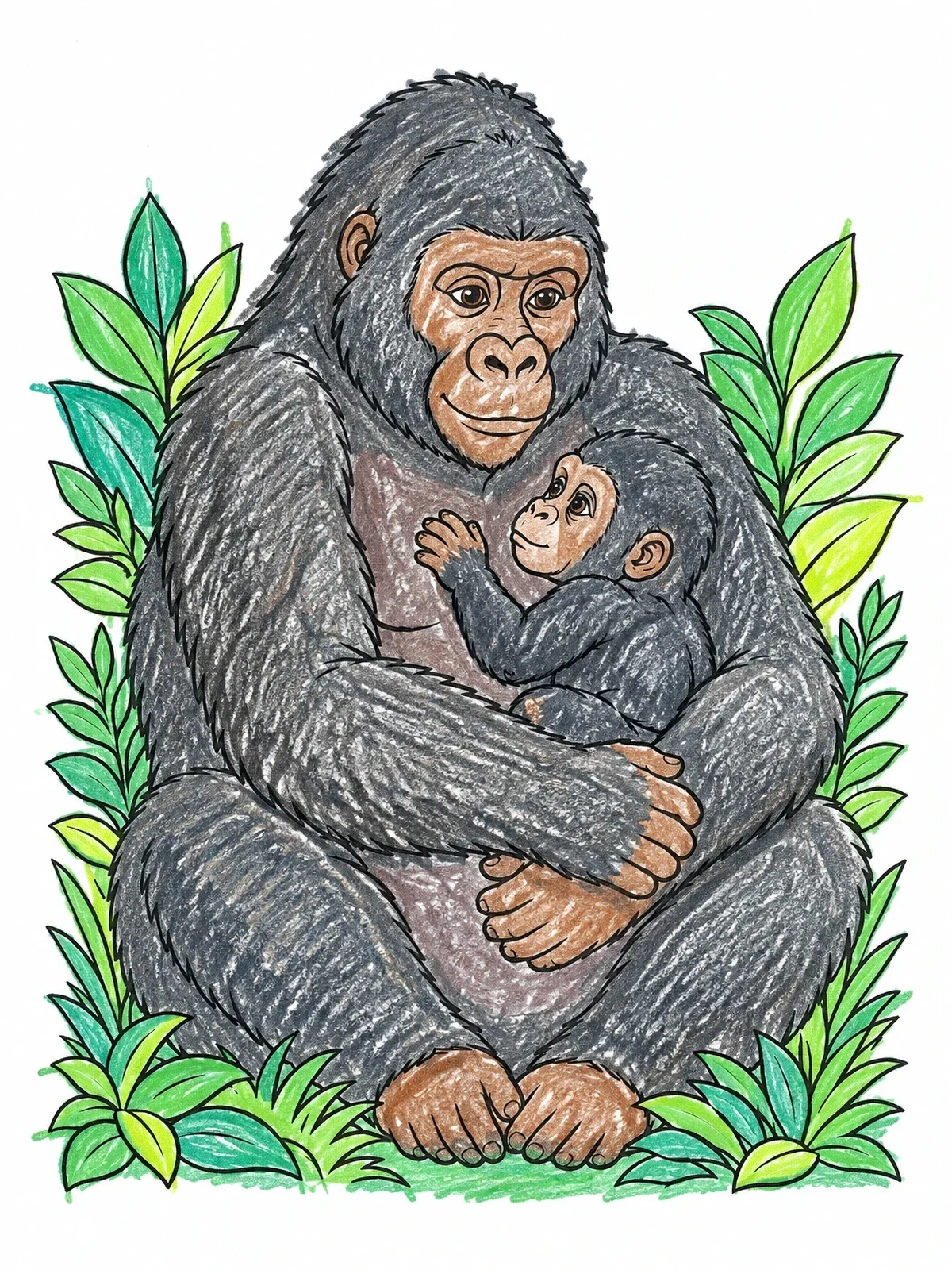 Colored example of the Mountain Gorilla Mother And Baby coloring page