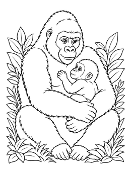 A gentle mountain gorilla holds her infant on this Uganda coloring page.