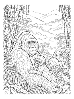 Mountain gorilla mother and baby in this detailed uganda coloring page.
