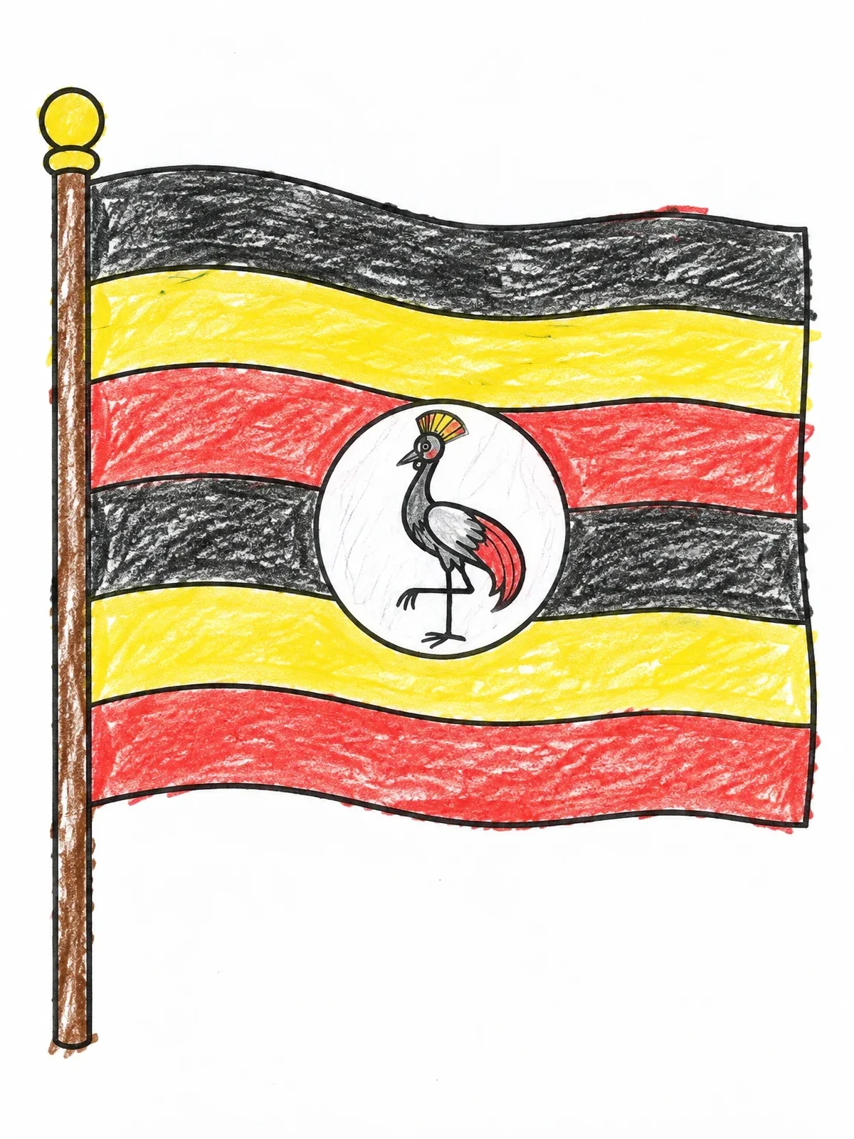 Colored example of the National Flag Of Uganda Line Art coloring page
