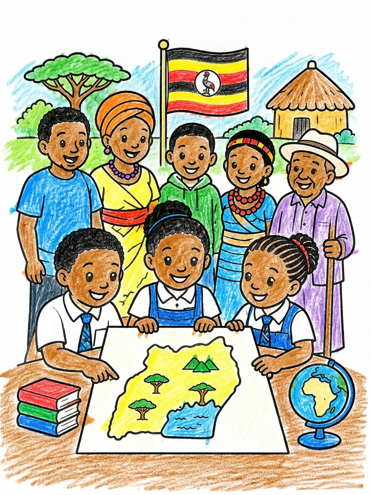 Colored example of the Ugandan Children Learning Geography Together coloring page