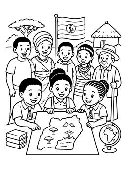 Free printable Ugandan Children Learning Geography Together coloring page