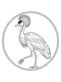 Detailed uganda coloring page showing the national grey crowned crane inside a circular badge.