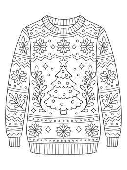 An ugly sweater coloring page featuring an ornate Christmas tree and floral winter patterns.