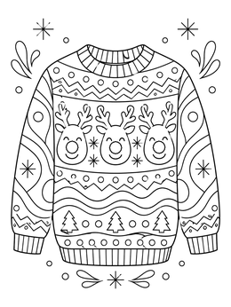 A festive ugly sweater coloring page featuring smiling reindeer faces and patterned holiday trees.