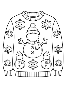 Snowman appliques and snowflakes detail this ugly sweater coloring page.