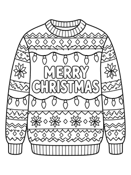 Festive ugly sweater coloring page featuring strings of holiday lights and Merry Christmas text.