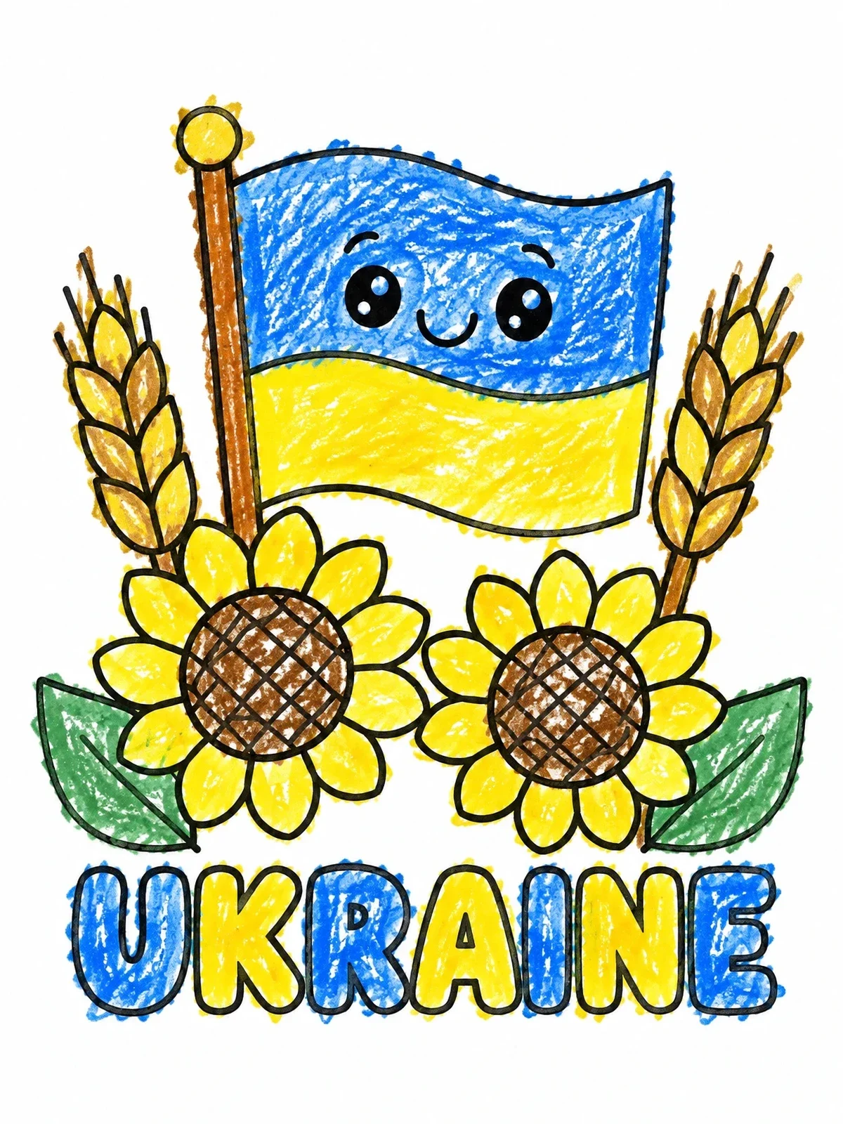Colored example of the Cute Ukrainian Flag With Sunflowers coloring page