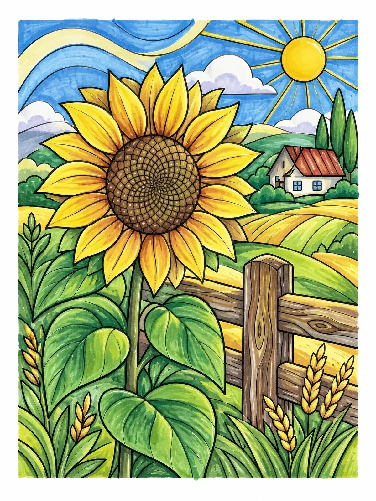 Colored example of the Sunflower By A Countryside Fence coloring page