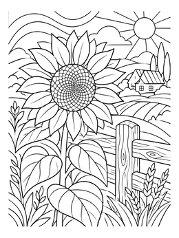 A blooming sunflower near a wooden fence in this ukraine coloring page of a rural landscape.