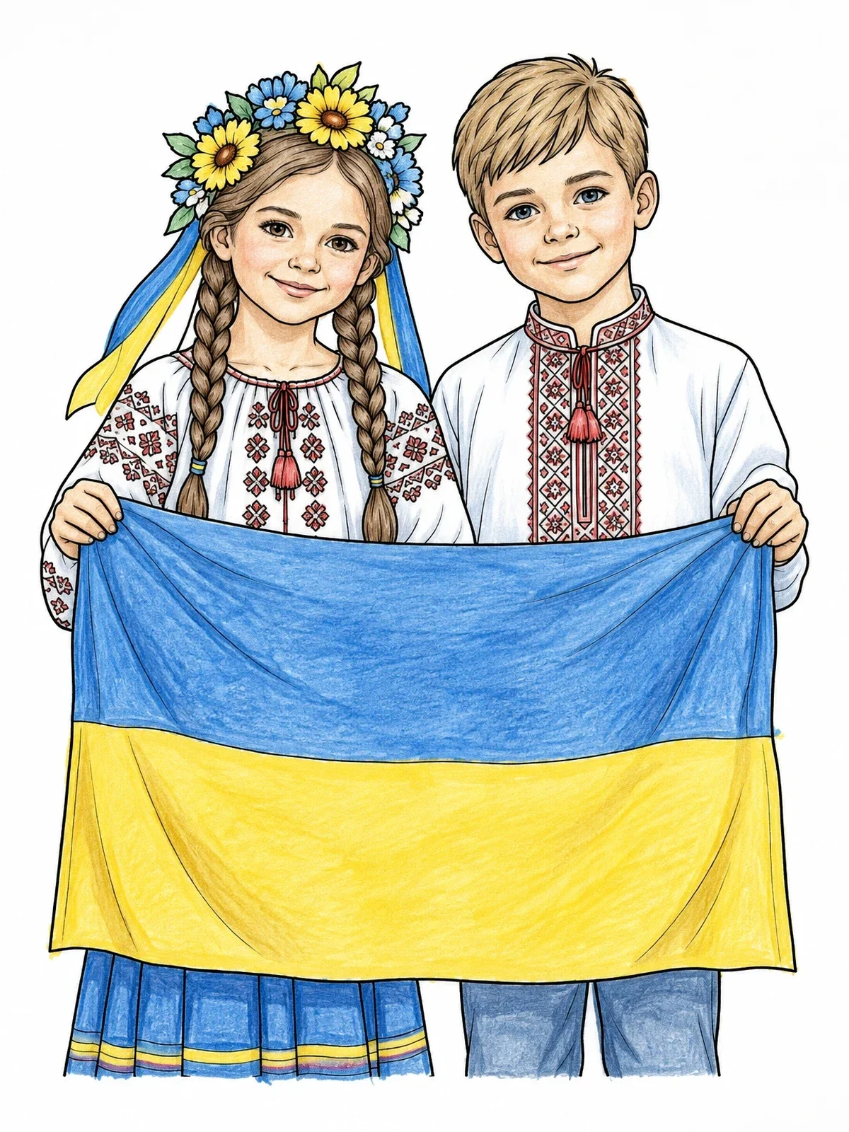 Colored example of the Ukrainian Children With National Flag coloring page