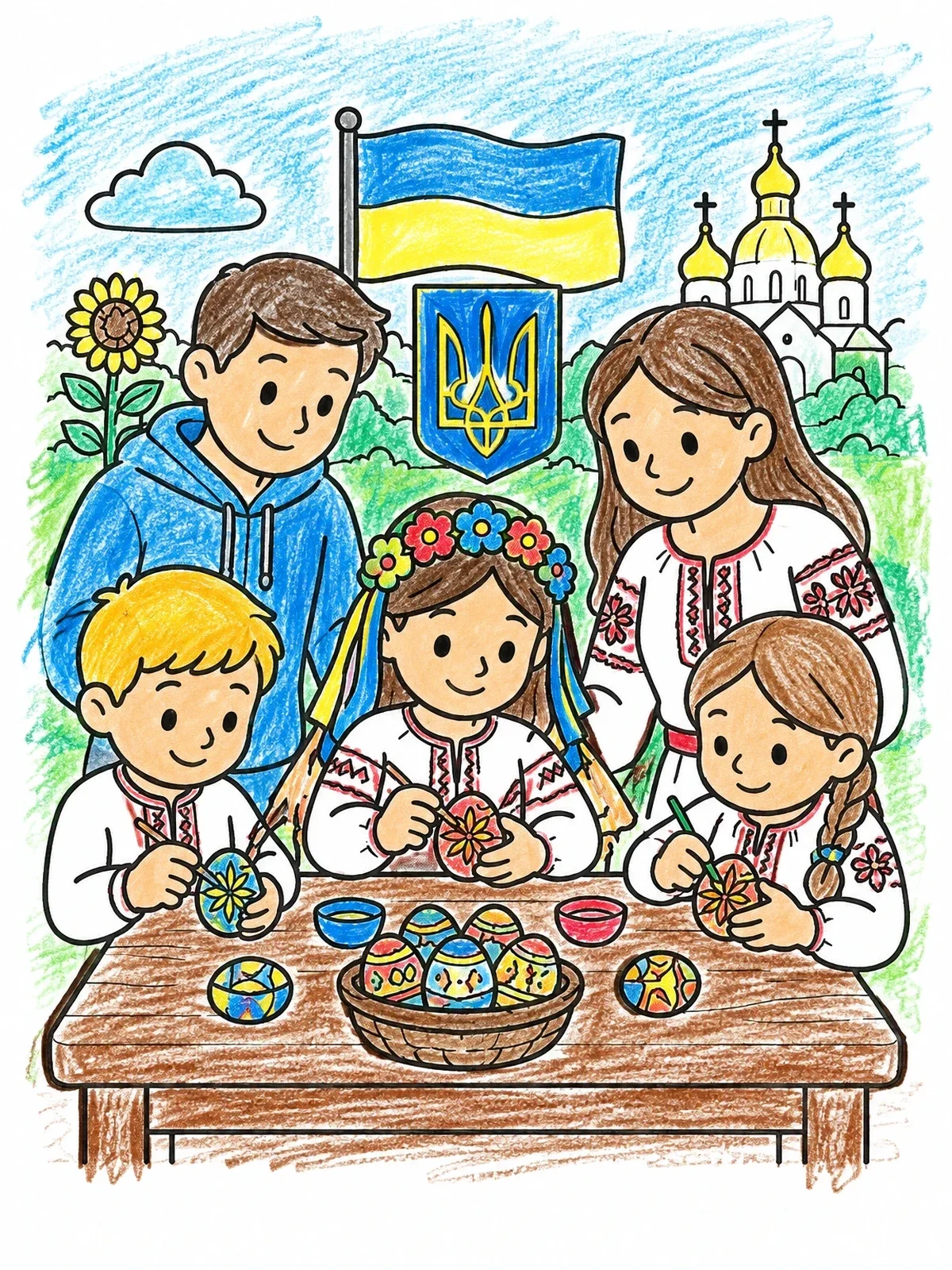 Colored example of the Family Decorating Ukrainian Easter Eggs coloring page