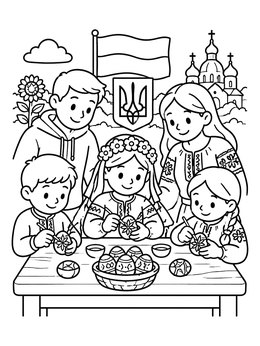 Free printable Family Decorating Ukrainian Easter Eggs coloring page