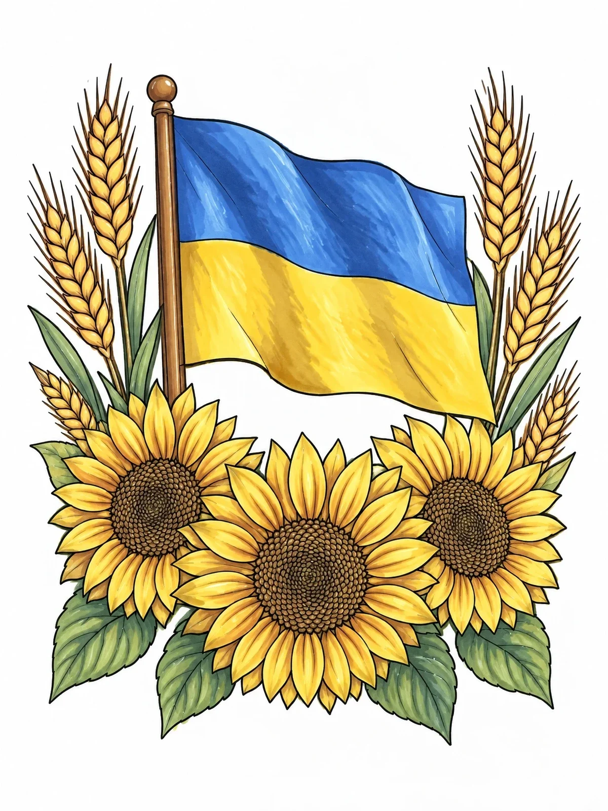 Colored example of the Ukrainian Flag With Sunflowers And Wheat coloring page