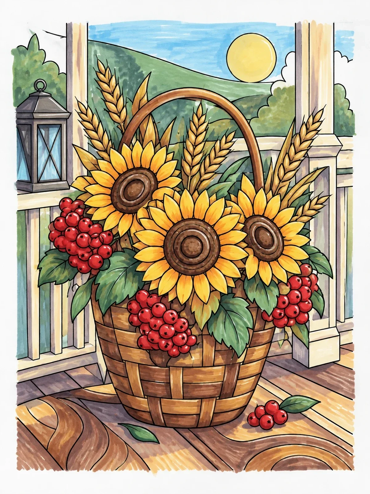 Colored example of the Ukrainian Harvest Basket On Porch coloring page