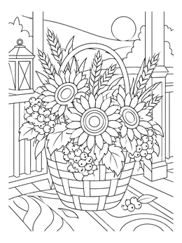 A peaceful ukraine coloring page featuring a basket of sunflowers, viburnum berries, and wheat on a porch.