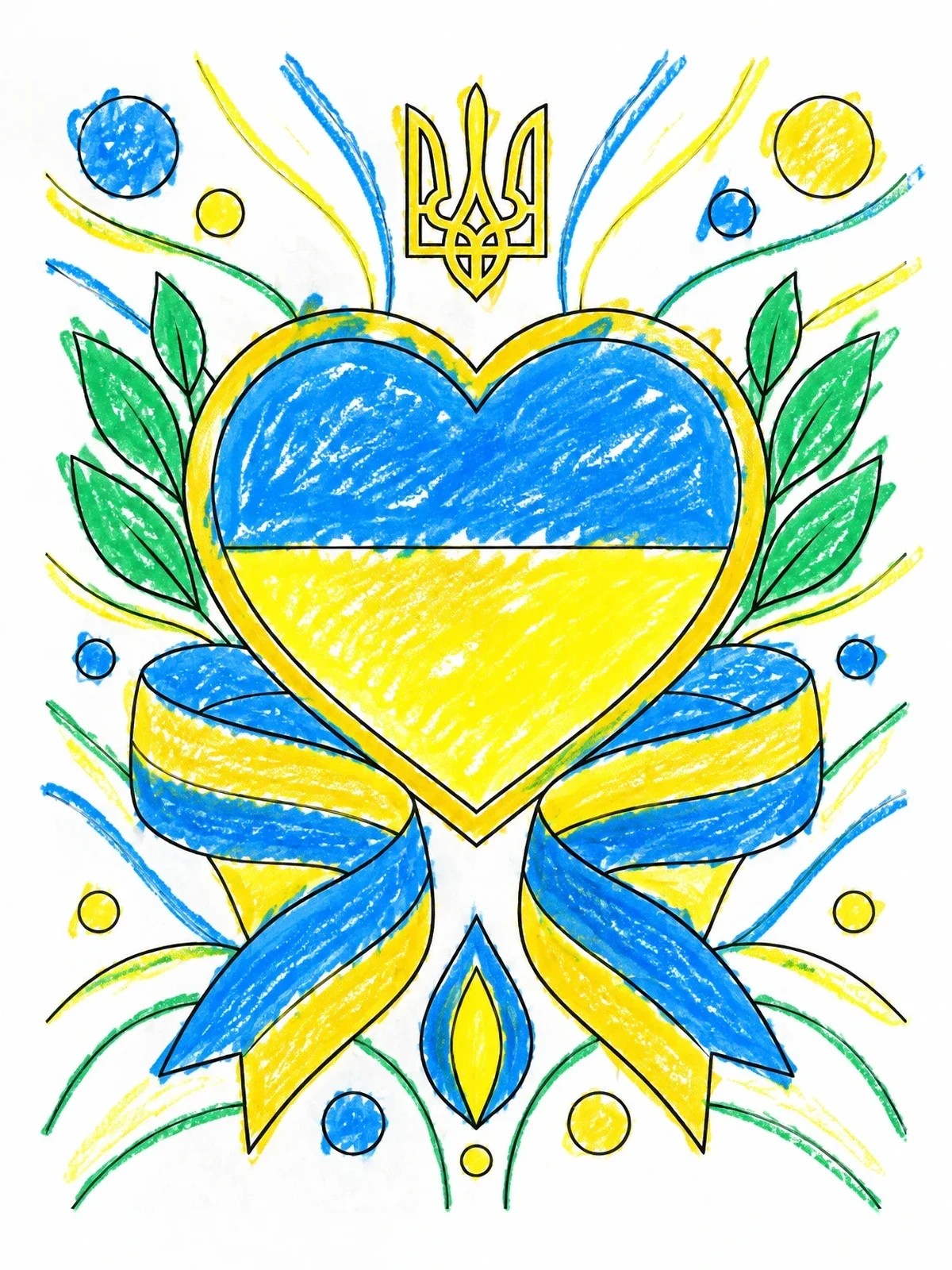 Colored example of the Ukrainian Heart Emblem With Ribbons coloring page