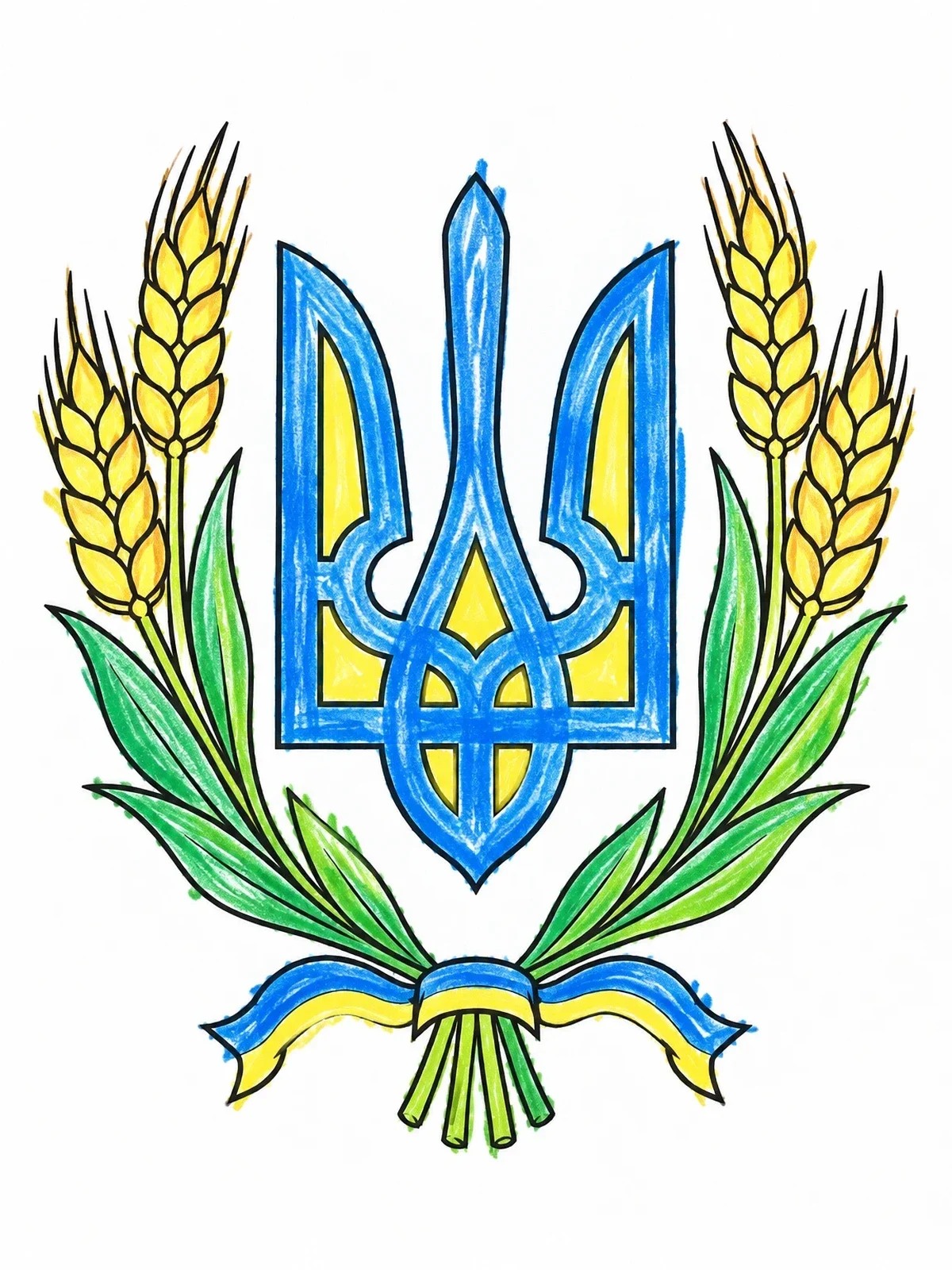 Colored example of the Ukrainian Tryzub With Wheat Stalks coloring page