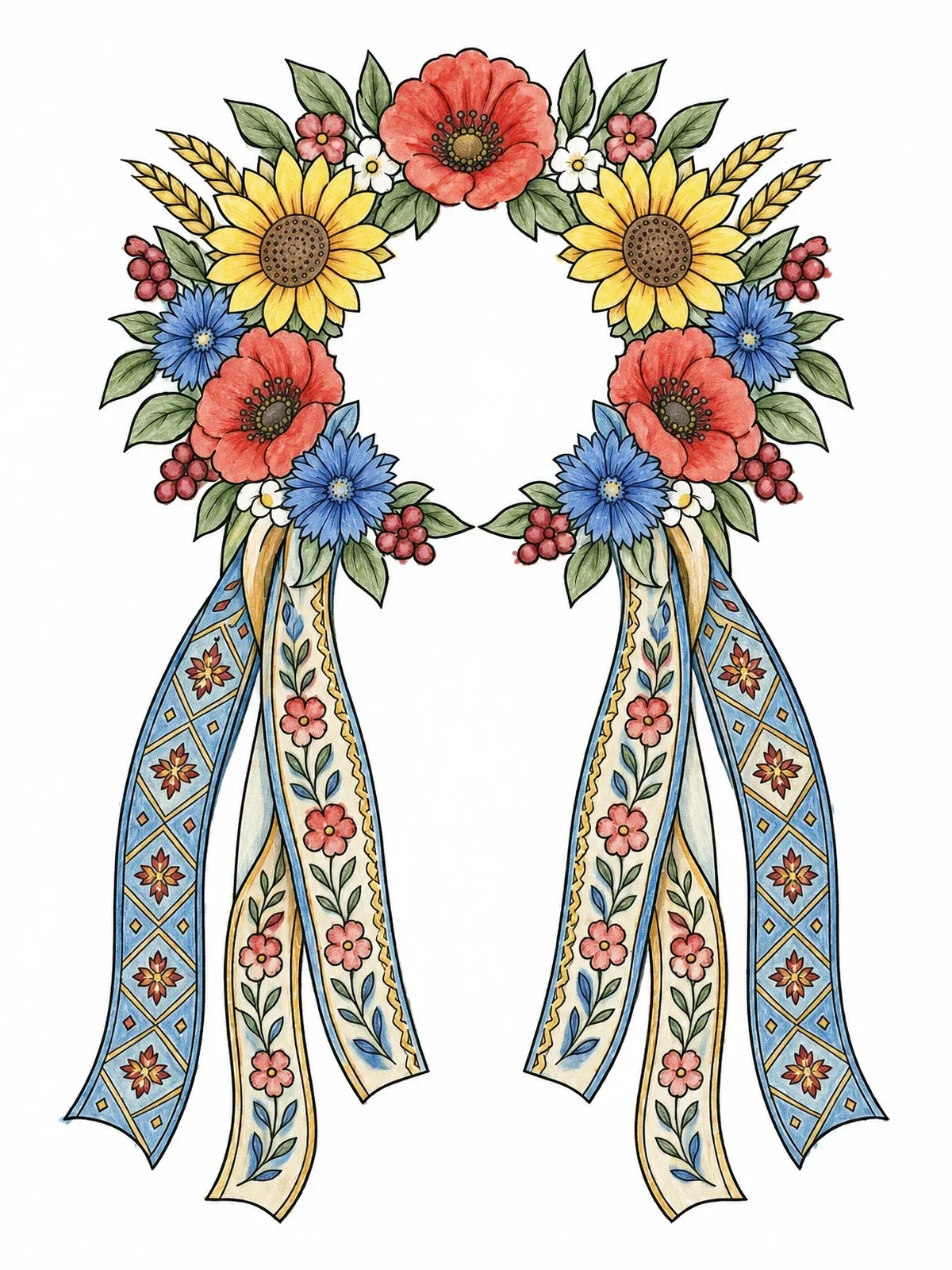 Colored example of the Ukrainian Vinok Crown With Ribbons coloring page