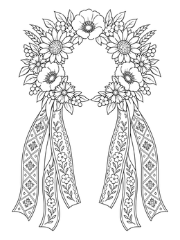 A traditional Ukrainian vinok flower wreath with patterned ribbons on this ukraine coloring page.