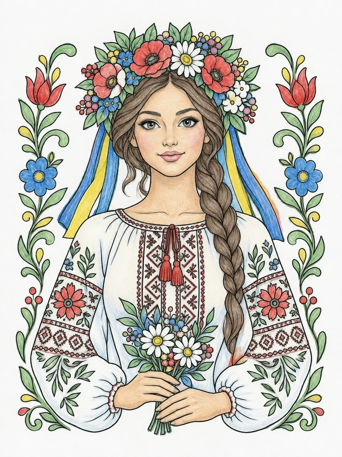 Colored example of the Ukrainian Woman In Embroidered Vyshyvanka coloring page