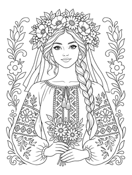 A woman wearing a floral vinok wreath on this ukraine coloring page.