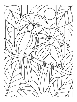 A pair of umbrellabirds in a detailed umbrella coloring page surrounded by lush tropical foliage.