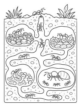 An underground ant colony coloring page showing tunnels, chambers with food and larvae, and a large queen ant.