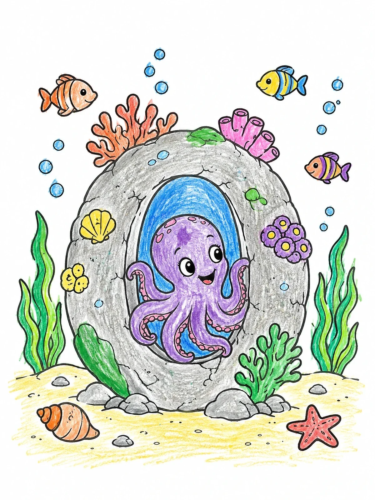 Colored example of the Underwater Letter O With Octopus coloring page