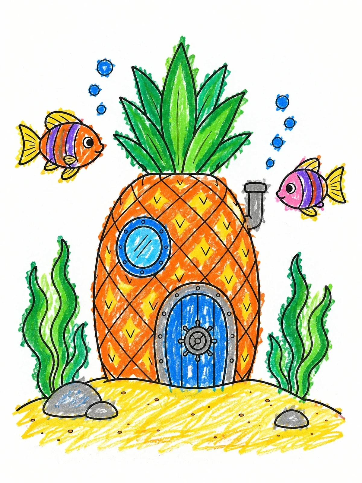 Colored example of the Underwater Pineapple House With Fish coloring page