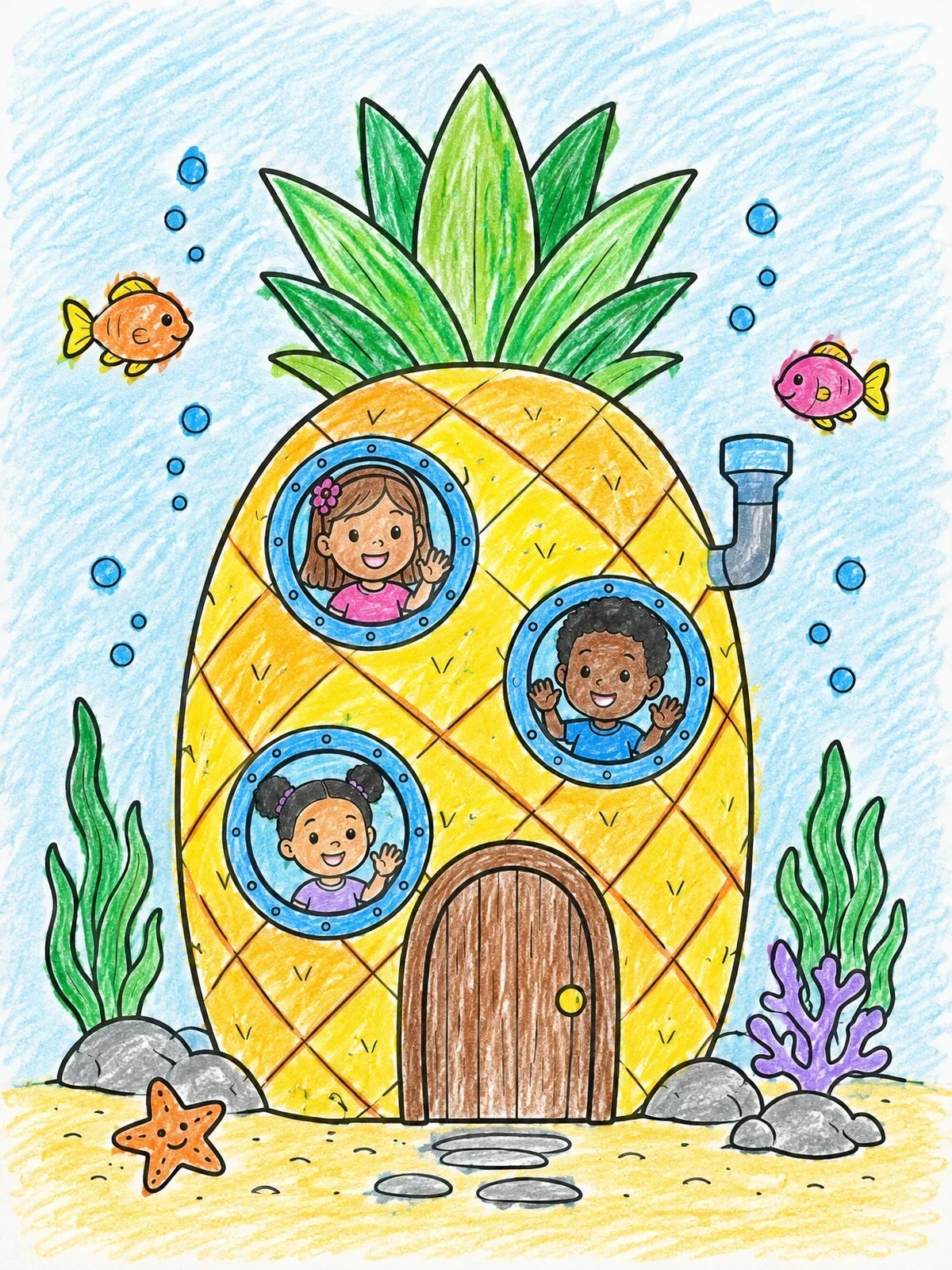 Colored example of the Underwater Pineapple House With Kids coloring page
