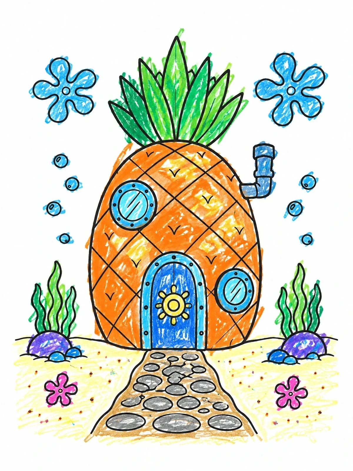 Colored example of the Underwater Pineapple House With Pebble Path coloring page