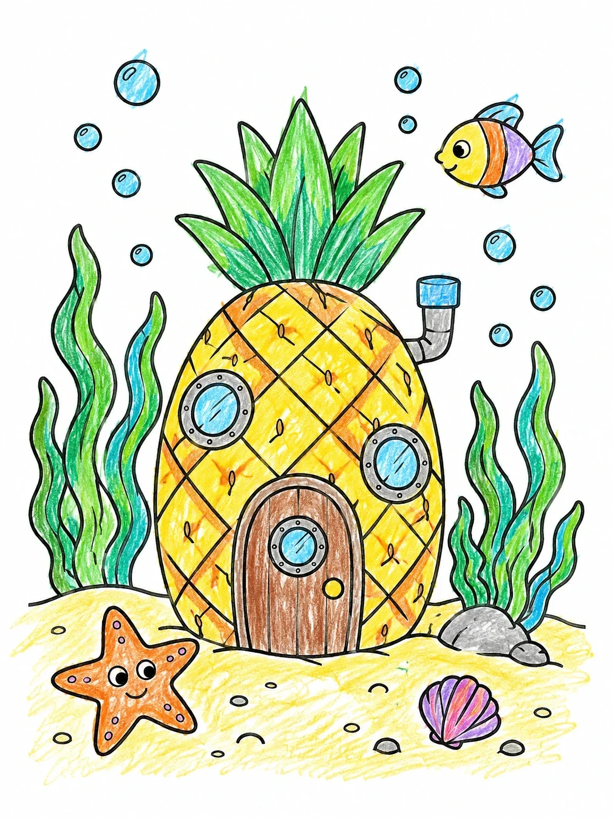 Colored example of the Underwater Pineapple House With Sea Friends coloring page