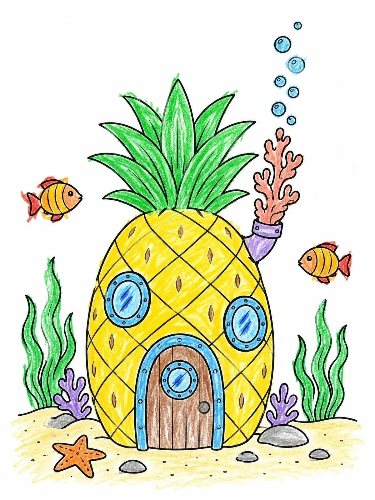 Colored example of the Underwater Pineapple House With Fish coloring page