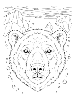 A detailed polar bear coloring page showing a close-up bear face underwater among icebergs and bubbles.