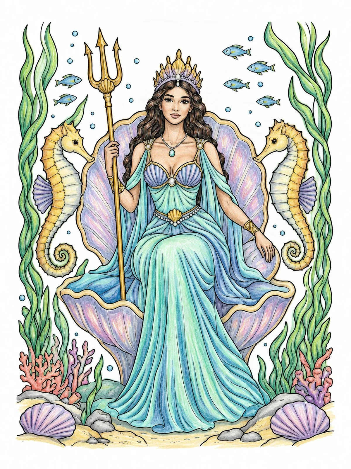 Colored example of the Underwater Queen On Seashell Throne coloring page