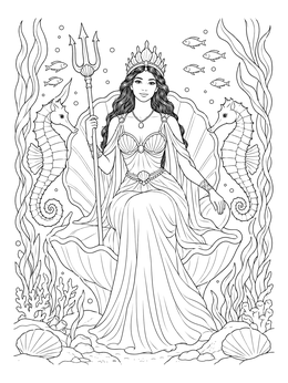 An underwater queen coloring page featuring a crowned ruler on a clam throne with seahorses.