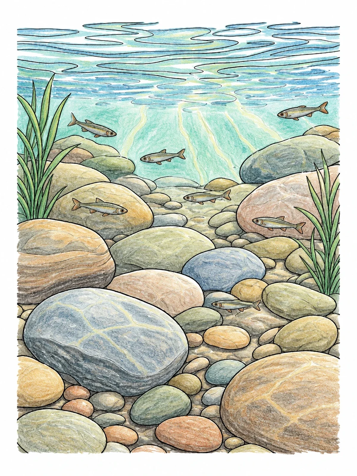 Colored example of the Underwater River Pebbles And Minnows coloring page