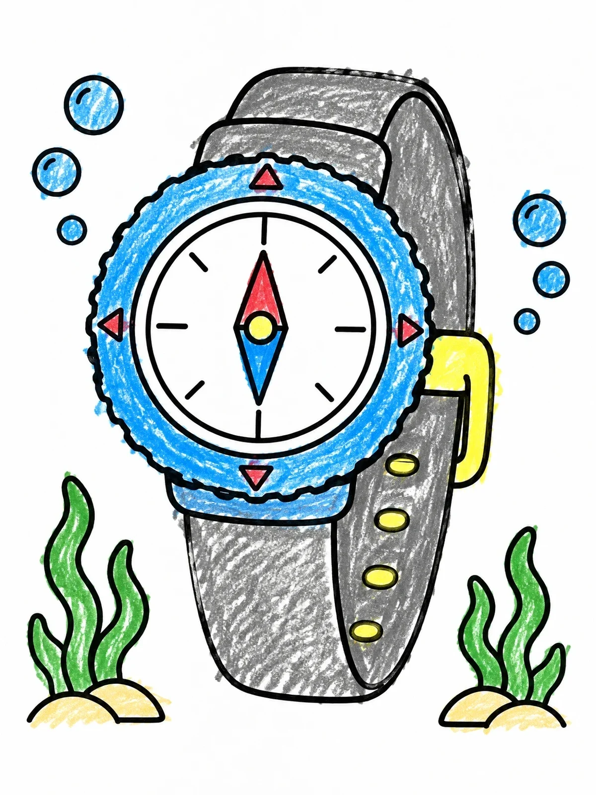 Colored example of the Underwater Scuba Diving Compass coloring page