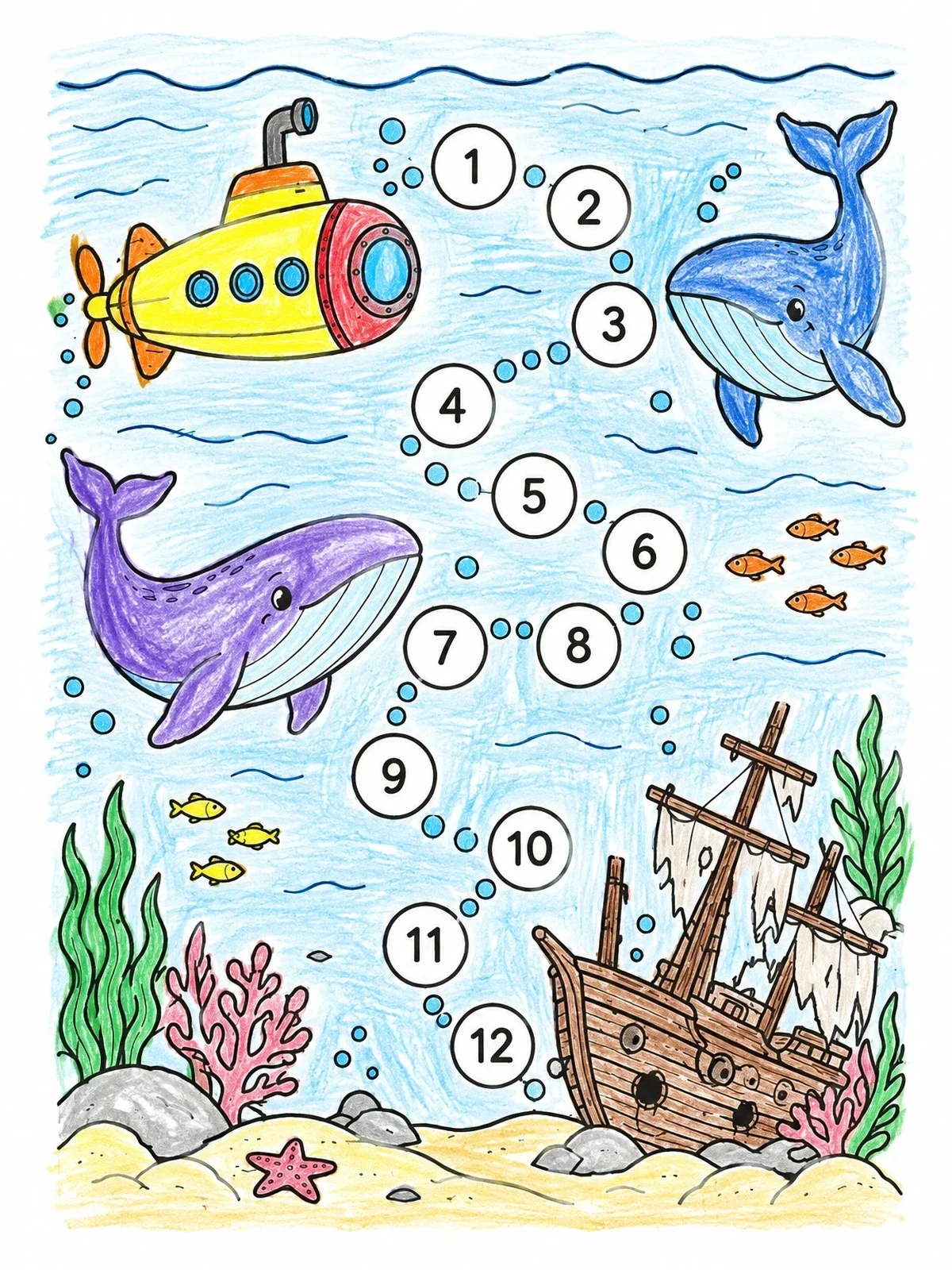 Colored example of the Underwater Submarine Track Board Game coloring page