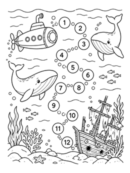 An underwater board games coloring page showing a submarine, whales, and a sunken ship with numbered bubble spaces.