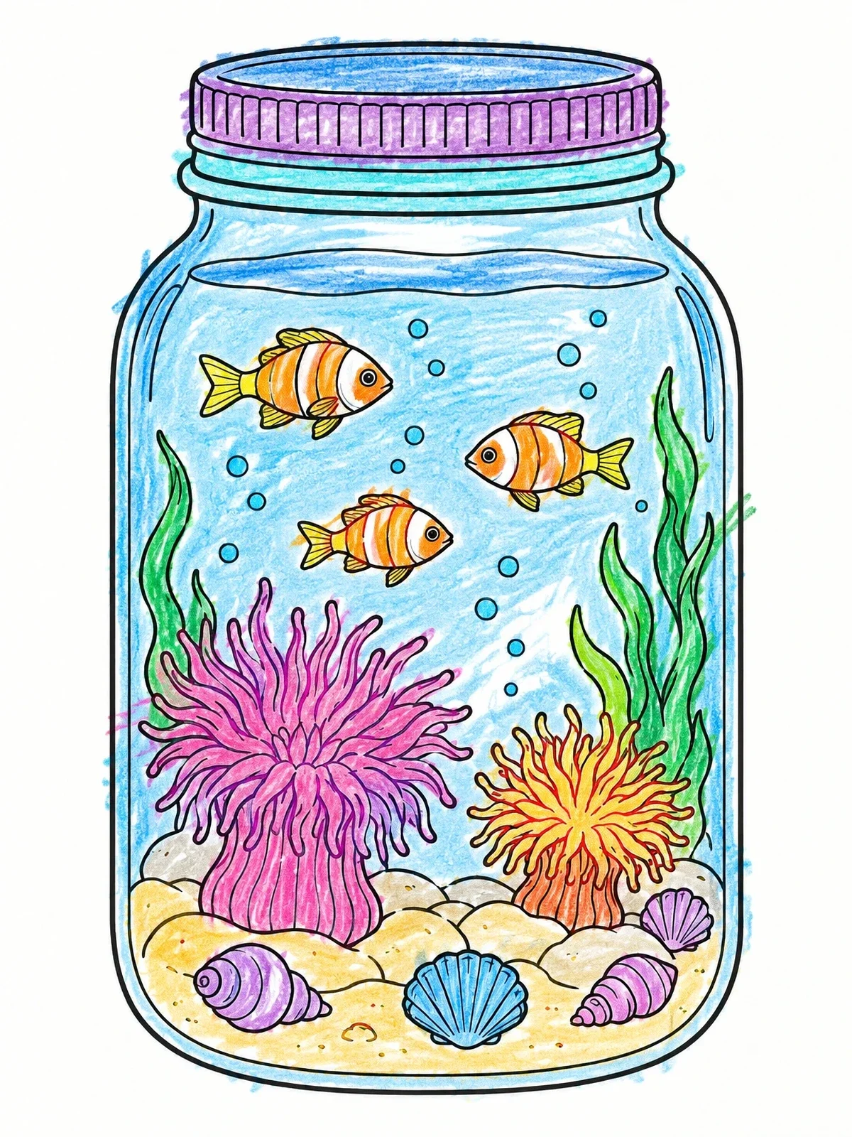 Colored example of the Underwater World In A Mason Jar coloring page